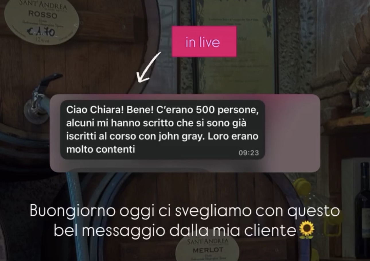 Messaggio di una cliente: alla live c'erano 500 persone, alcuni si sono iscritti al corso